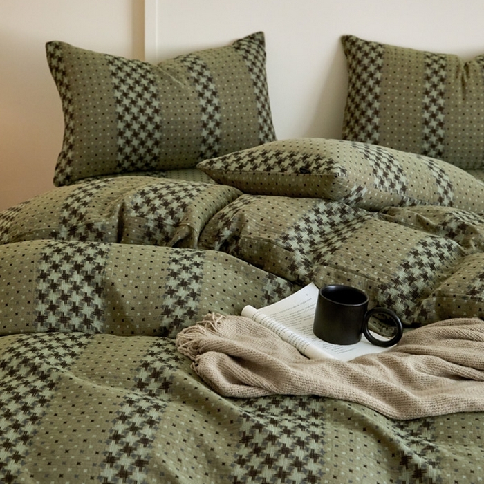 91家纺网 家纺一手货源 找家纺 云雀 2025新款A类全棉色织双层纱四件套 格林-绿