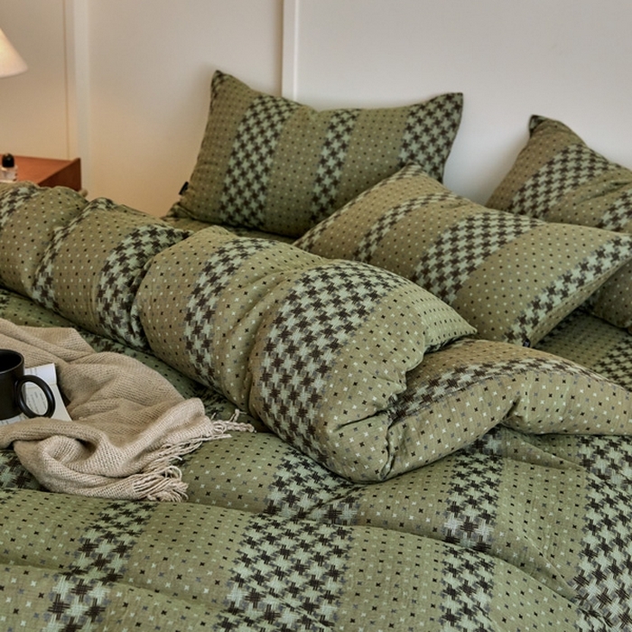 91家纺网 家纺一手货源 找家纺 云雀 2025新款A类全棉色织双层纱四件套 格林-绿