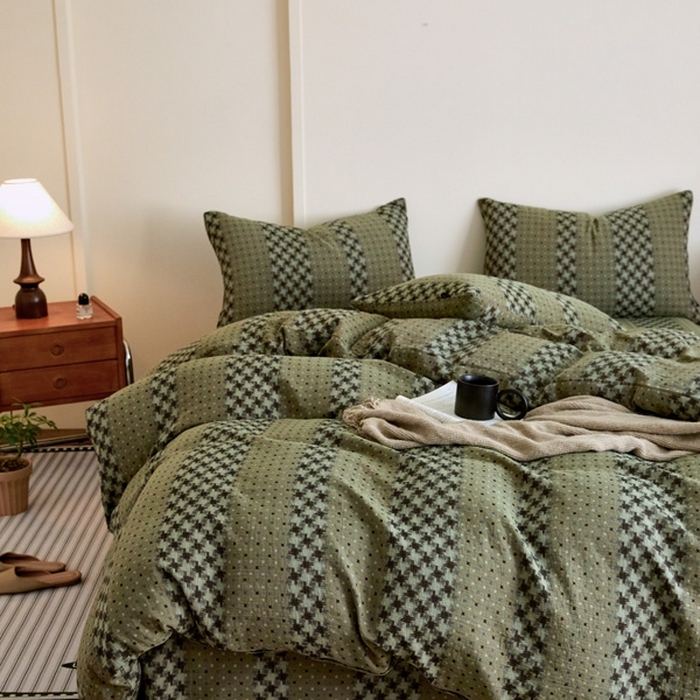 91家纺网 家纺一手货源 找家纺 云雀 2025新款A类全棉色织双层纱四件套 格林-绿