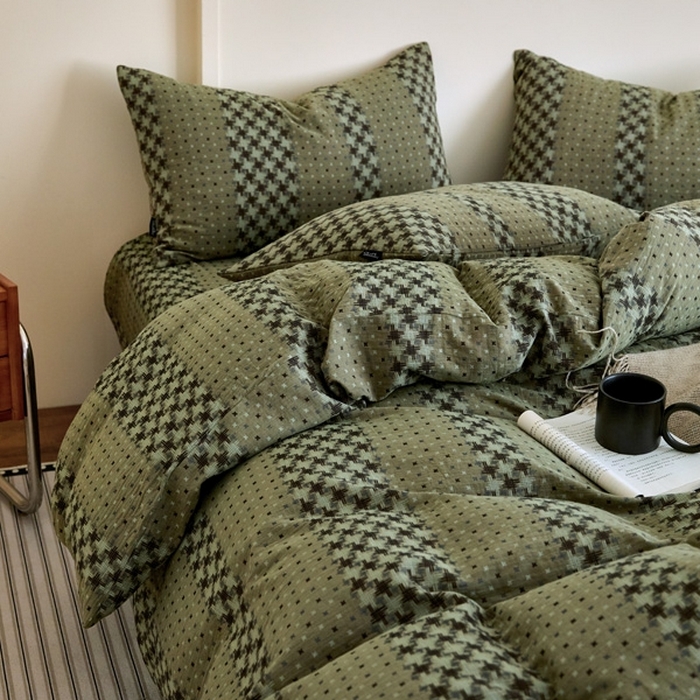 91家纺网 家纺一手货源 找家纺 云雀 2025新款A类全棉色织双层纱四件套 格林-绿