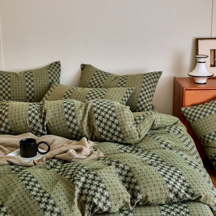 91家纺网 家纺一手货源 找家纺 云雀 2025新款A类全棉色织双层纱四件套 格林-绿