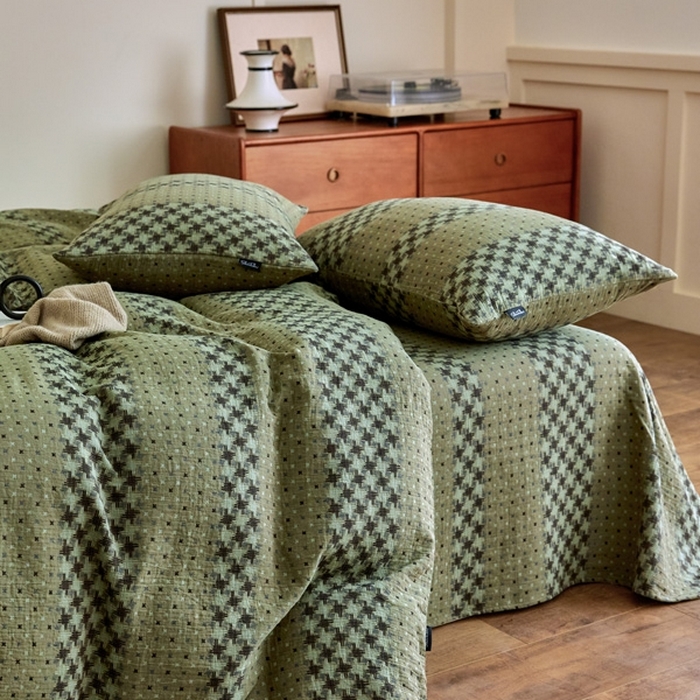 91家纺网 家纺一手货源 找家纺 云雀 2025新款A类全棉色织双层纱四件套 格林-绿