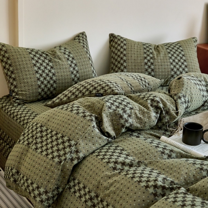 91家纺网 家纺一手货源 找家纺 云雀 2025新款A类全棉色织双层纱四件套 格林-绿