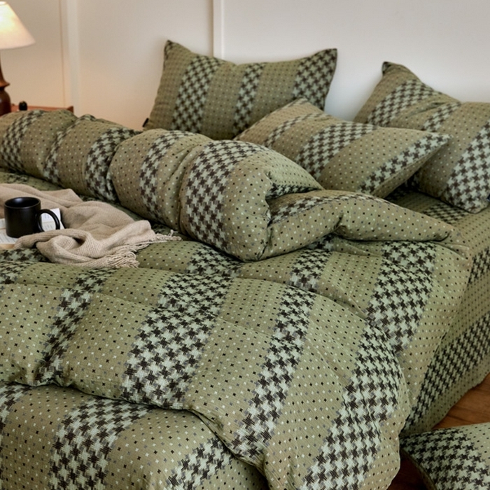 91家纺网 家纺一手货源 找家纺 云雀 2025新款A类全棉色织双层纱四件套 格林-绿