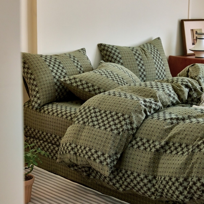 91家纺网 家纺一手货源 找家纺 云雀 2025新款A类全棉色织双层纱四件套 格林-绿