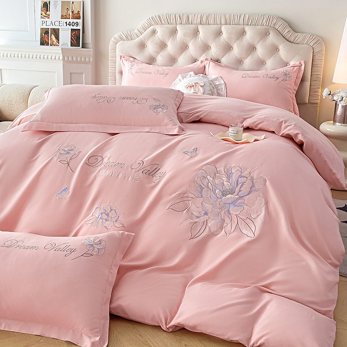 大麦乐田 2025新款磨毛刺绣吊边四件套系列--盛世牡丹 盛世牡丹 粉玉