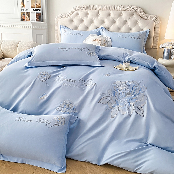 大麦乐田 2025新款磨毛刺绣吊边四件套系列--盛世牡丹 盛世牡丹 浅兰