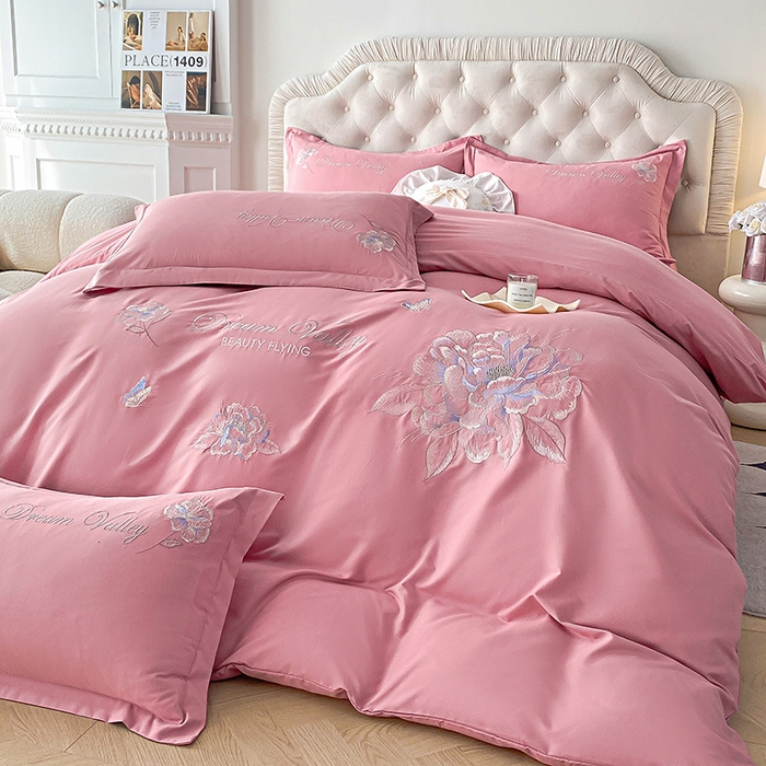 大麦乐田 2025新款磨毛刺绣吊边四件套系列--盛世牡丹 盛世牡丹 红粉