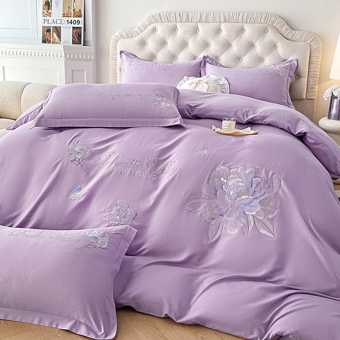 大麦乐田 2025新款磨毛刺绣吊边四件套系列--盛世牡丹 盛世牡丹 浅紫