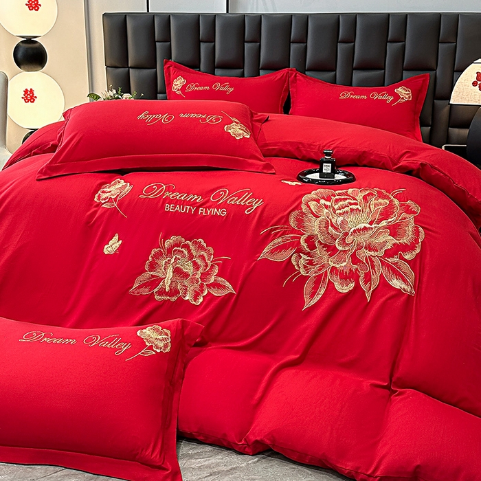 大麦乐田 2025新款磨毛刺绣吊边四件套系列--盛世牡丹 盛世牡丹 大红