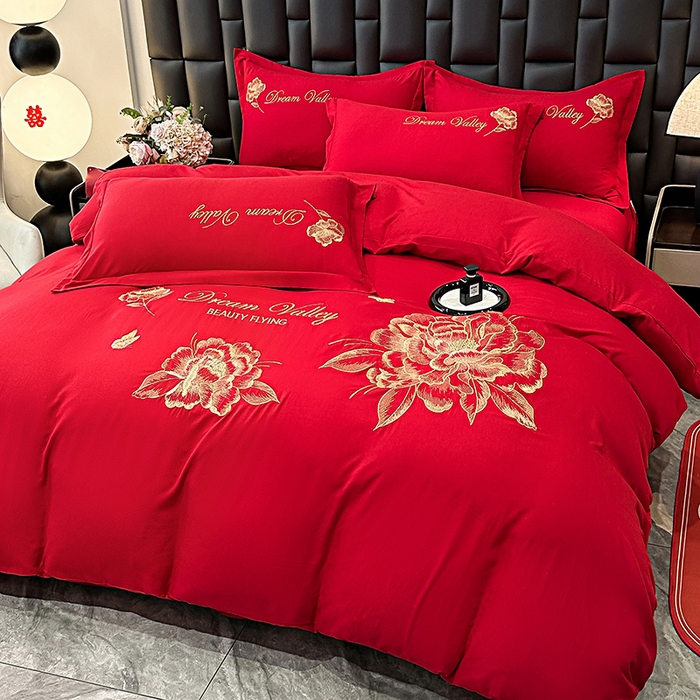 91家纺网 家纺一手货源 找家纺 大麦乐田 2025新款磨毛刺绣吊边四件套系列--盛世牡丹 盛世牡丹 大红