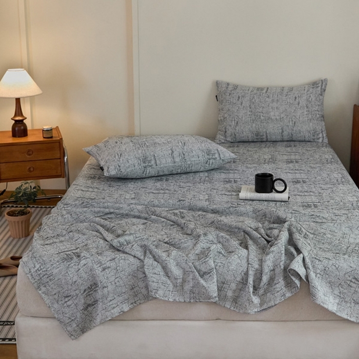 91家纺网 家纺一手货源 找家纺 云雀 2025新款A类全棉色织双层纱四件套 格林-浅灰