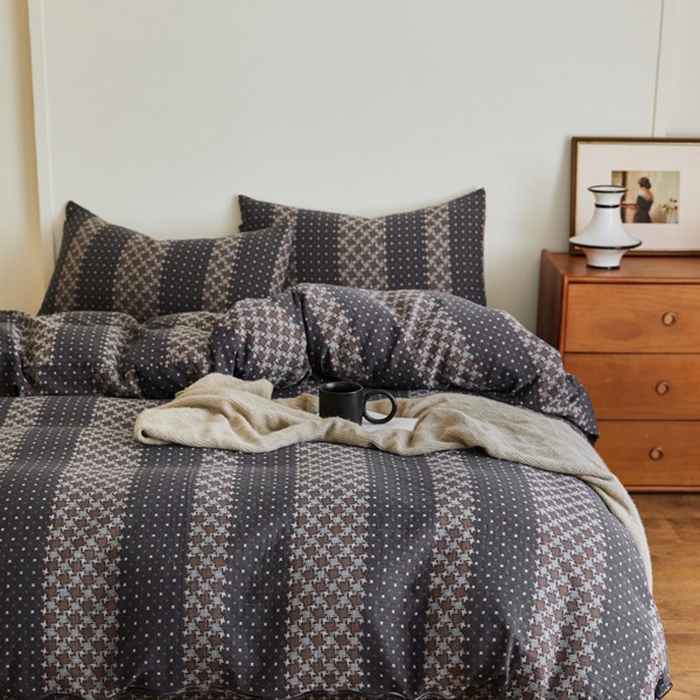 91家纺网 家纺一手货源 找家纺 云雀 2025新款A类全棉色织双层纱四件套 格林-深灰