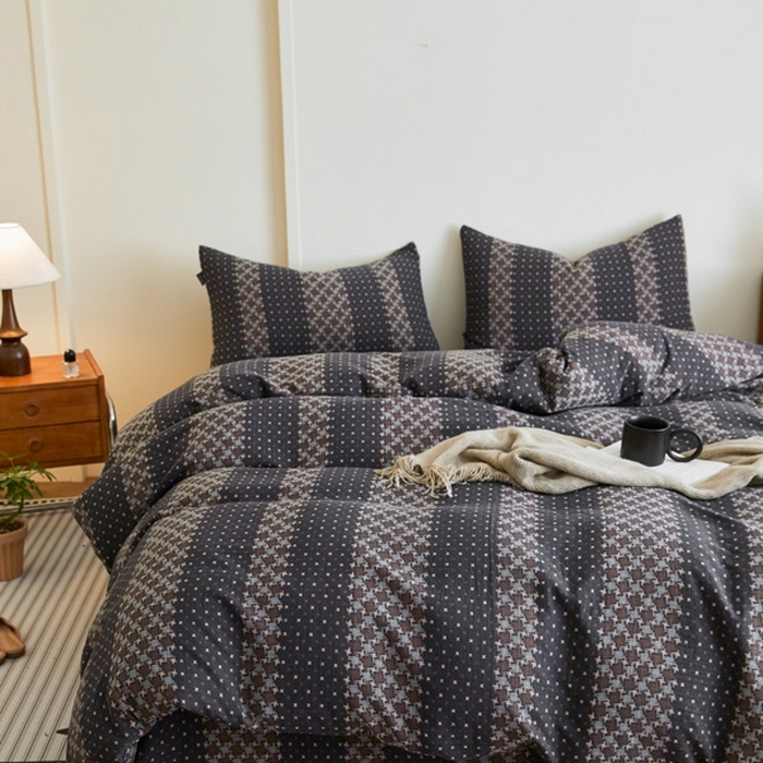 91家纺网 家纺一手货源 找家纺 云雀 2025新款A类全棉色织双层纱四件套 格林-深灰