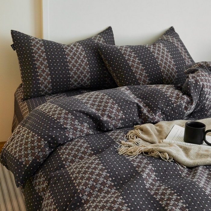 91家纺网 家纺一手货源 找家纺 云雀 2025新款A类全棉色织双层纱四件套 格林-深灰