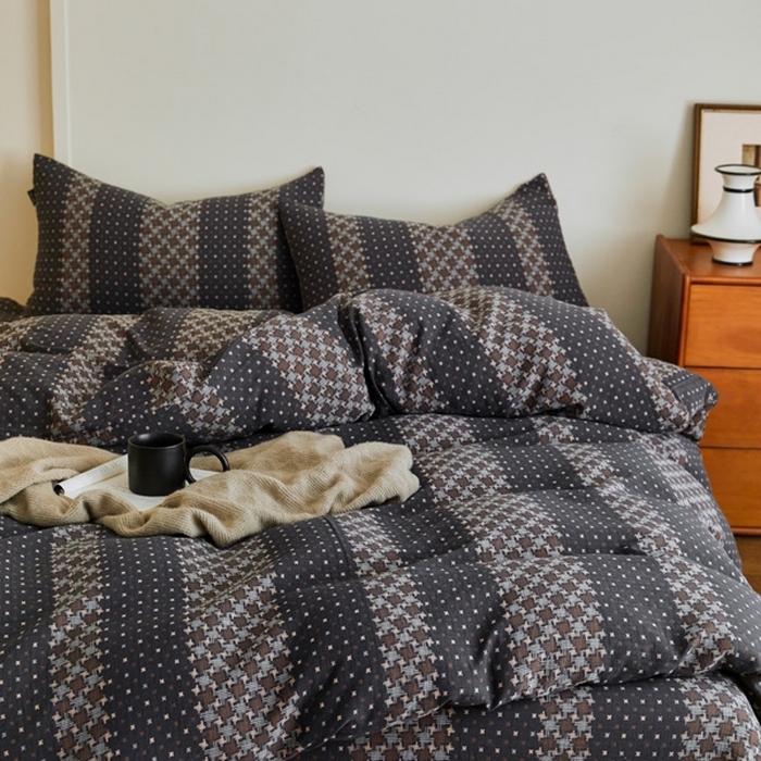 91家纺网 家纺一手货源 找家纺 云雀 2025新款A类全棉色织双层纱四件套 格林-深灰