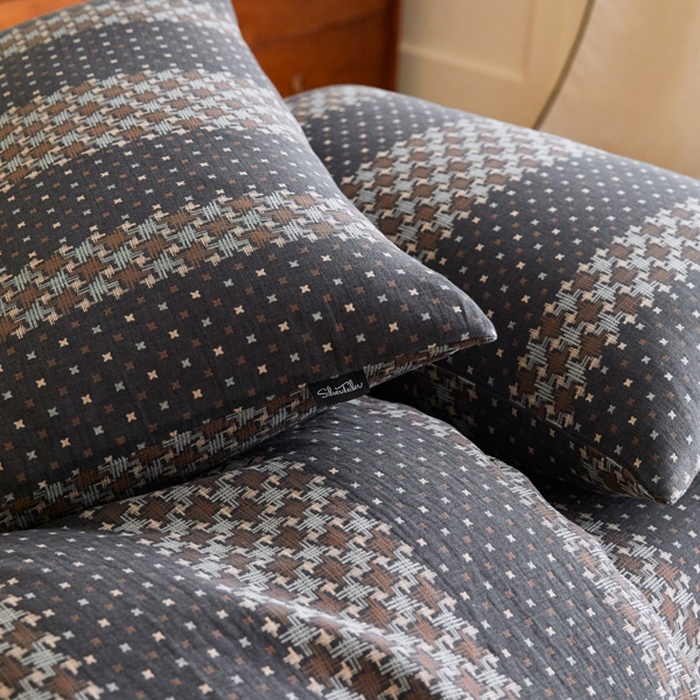 91家纺网 家纺一手货源 找家纺 云雀 2025新款A类全棉色织双层纱四件套 格林-深灰