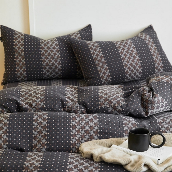 91家纺网 家纺一手货源 找家纺 云雀 2025新款A类全棉色织双层纱四件套 格林-深灰