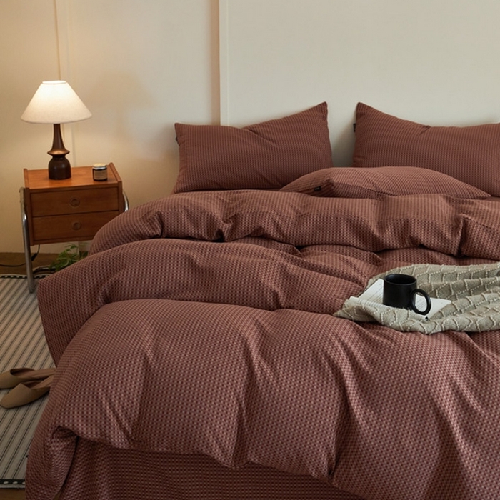 91家纺网 家纺一手货源 找家纺 云雀 2025新款A类全棉色织双层纱四件套 格林-烟红