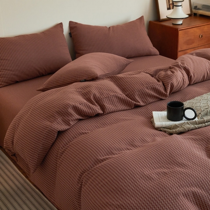 91家纺网 家纺一手货源 找家纺 云雀 2025新款A类全棉色织双层纱四件套 格林-烟红