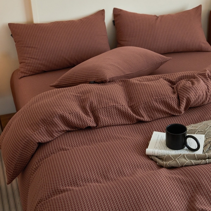 91家纺网 家纺一手货源 找家纺 云雀 2025新款A类全棉色织双层纱四件套 格林-烟红