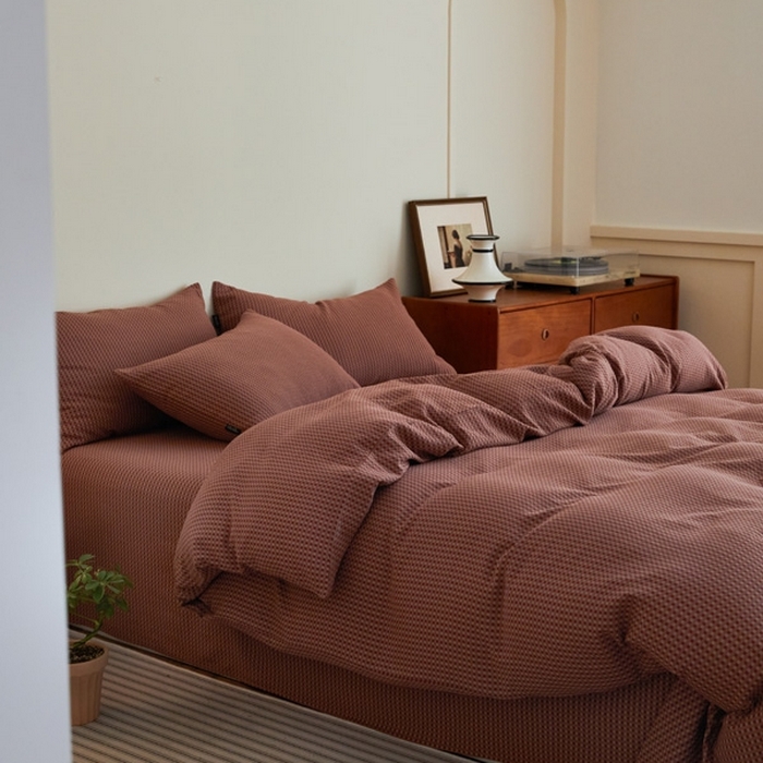 91家纺网 家纺一手货源 找家纺 云雀 2025新款A类全棉色织双层纱四件套 格林-烟红