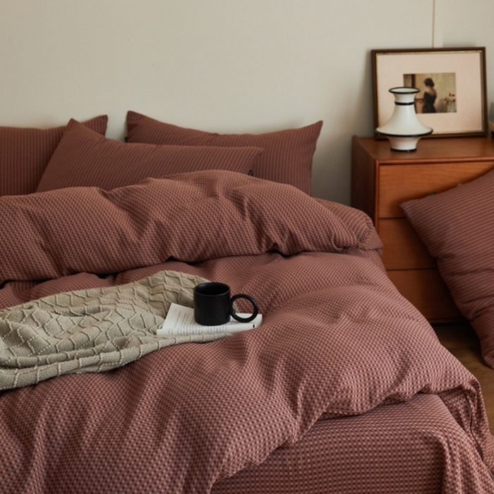 91家纺网 家纺一手货源 找家纺 云雀 2025新款A类全棉色织双层纱四件套 格林-烟红