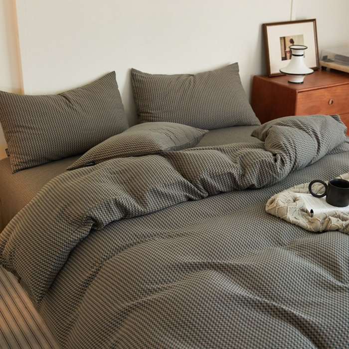 91家纺网 家纺一手货源 找家纺 云雀 2025新款A类全棉色织双层纱四件套 格林-烟灰