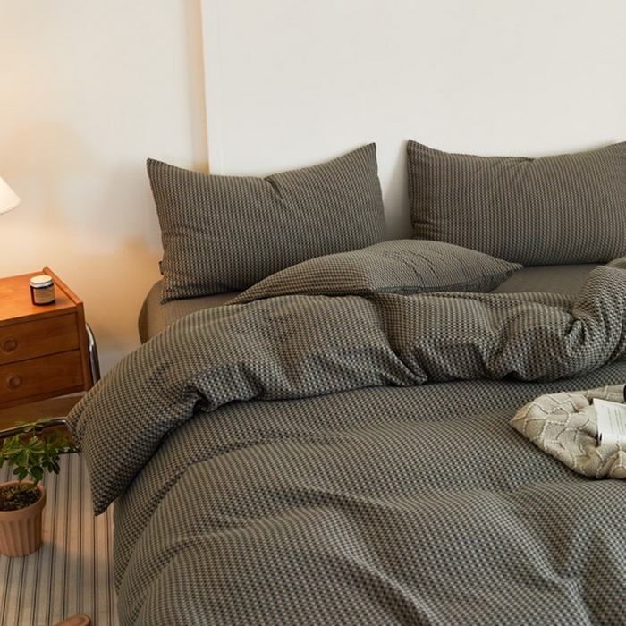 91家纺网 家纺一手货源 找家纺 云雀 2025新款A类全棉色织双层纱四件套 格林-烟灰