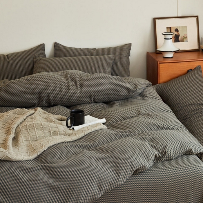 91家纺网 家纺一手货源 找家纺 云雀 2025新款A类全棉色织双层纱四件套 格林-烟灰