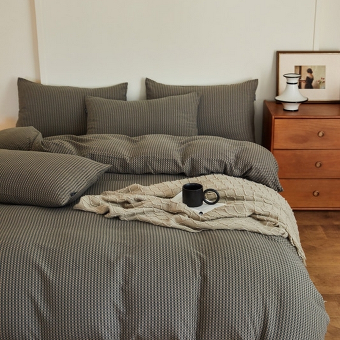 91家纺网 家纺一手货源 找家纺 云雀 2025新款A类全棉色织双层纱四件套 格林-烟灰