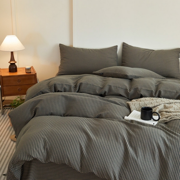 91家纺网 家纺一手货源 找家纺 云雀 2025新款A类全棉色织双层纱四件套 格林-烟灰