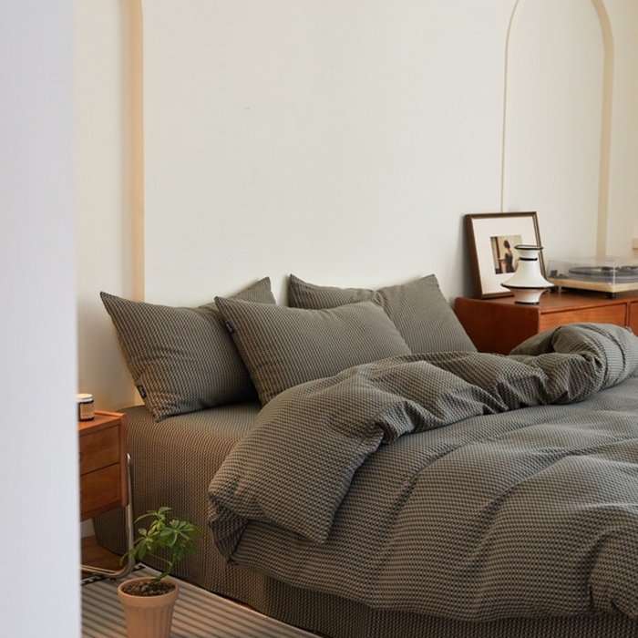 91家纺网 家纺一手货源 找家纺 云雀 2025新款A类全棉色织双层纱四件套 格林-烟灰