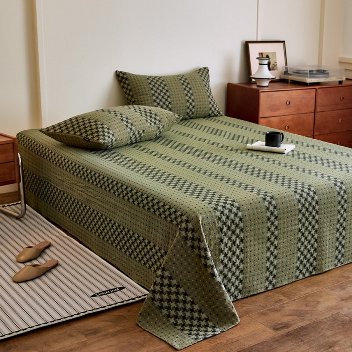 91家纺网 家纺一手货源 找家纺 云雀 2025新款A类全棉色织双层纱单床单 格林绿