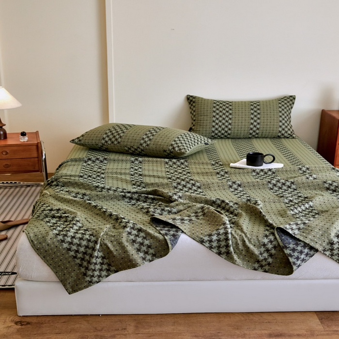 91家纺网 家纺一手货源 找家纺 云雀 2025新款A类全棉色织双层纱单床单 格林绿