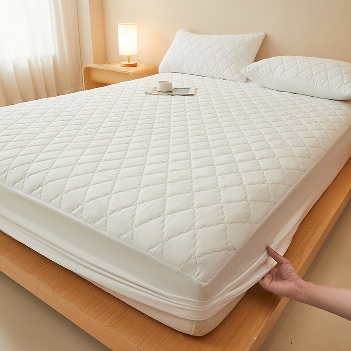 91家纺网 家纺一手货源 找家纺 衿成家纺 2025新款跨境电商热款菱形格夹棉防水床笠支持大佬价跑量多尺寸可做-单床笠 L-白色