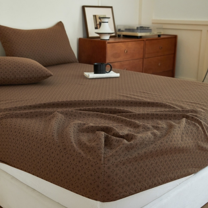 91家纺网 家纺一手货源 找家纺 2025新款A类全棉色织双层纱单床笠 格林-咖色