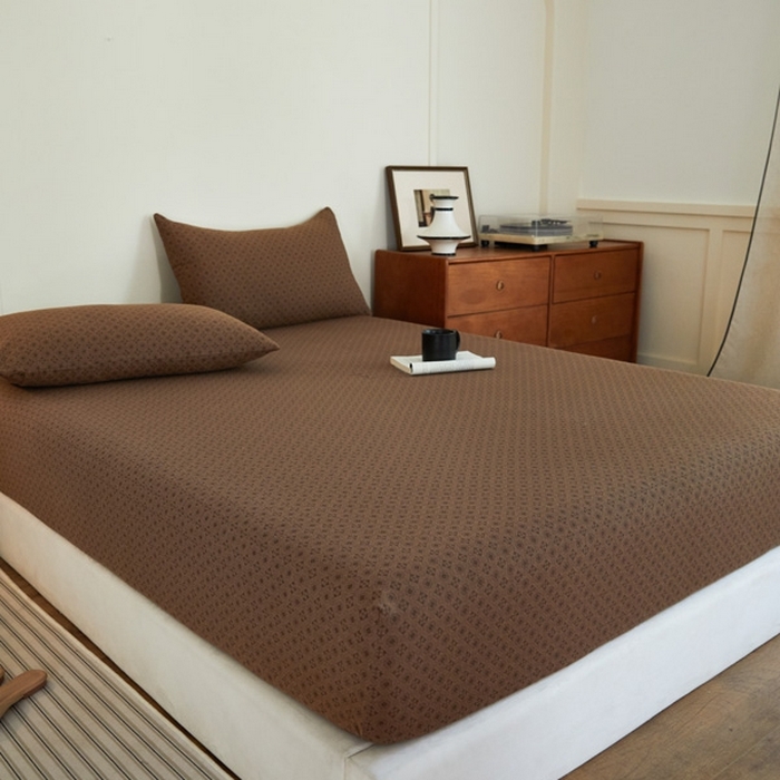 91家纺网 家纺一手货源 找家纺 2025新款A类全棉色织双层纱单床笠 格林-咖色