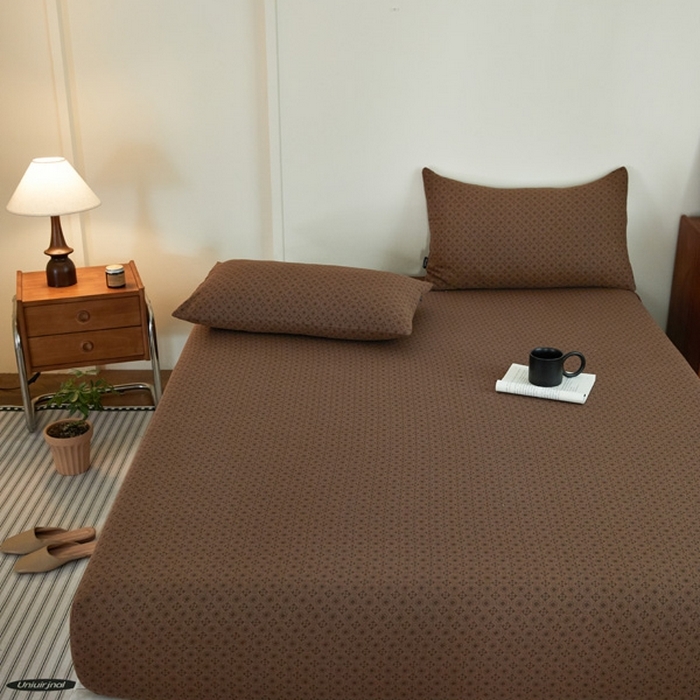 91家纺网 家纺一手货源 找家纺 2025新款A类全棉色织双层纱单床笠 格林-咖色