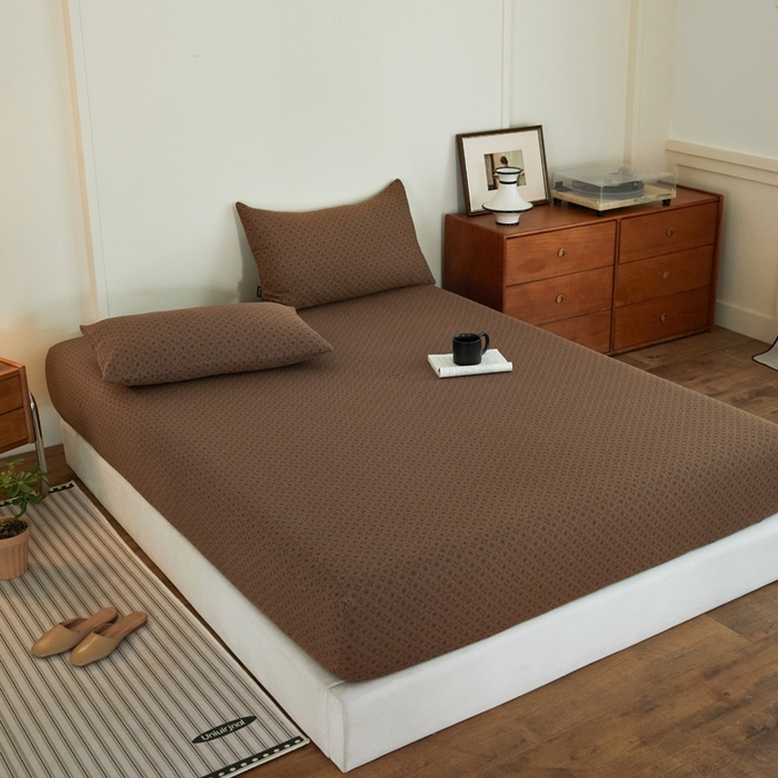 91家纺网 家纺一手货源 找家纺 2025新款A类全棉色织双层纱单床笠 格林-咖色