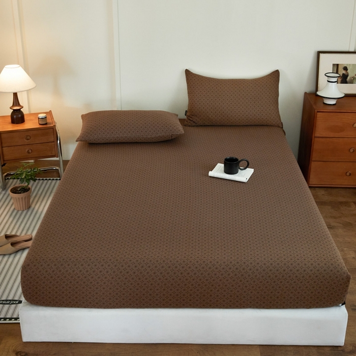 91家纺网 家纺一手货源 找家纺 2025新款A类全棉色织双层纱单床笠 格林-咖色