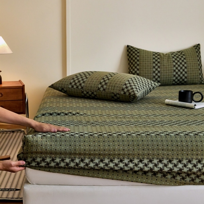 91家纺网 家纺一手货源 找家纺 2025新款A类全棉色织双层纱单床笠 格林-绿