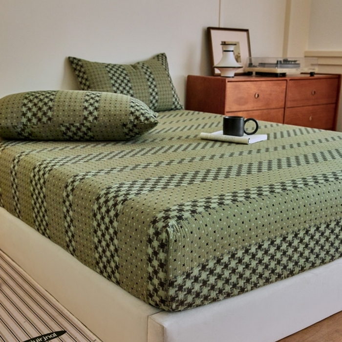 91家纺网 家纺一手货源 找家纺 2025新款A类全棉色织双层纱单床笠 格林-绿