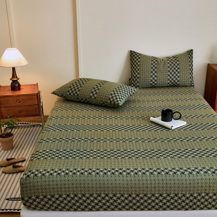 91家纺网 家纺一手货源 找家纺 2025新款A类全棉色织双层纱单床笠 格林-绿