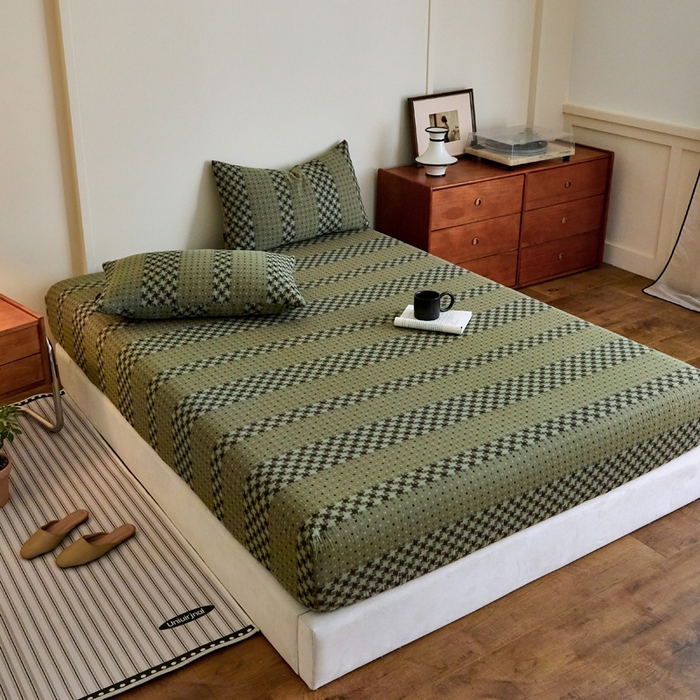 91家纺网 家纺一手货源 找家纺 2025新款A类全棉色织双层纱单床笠 格林-绿