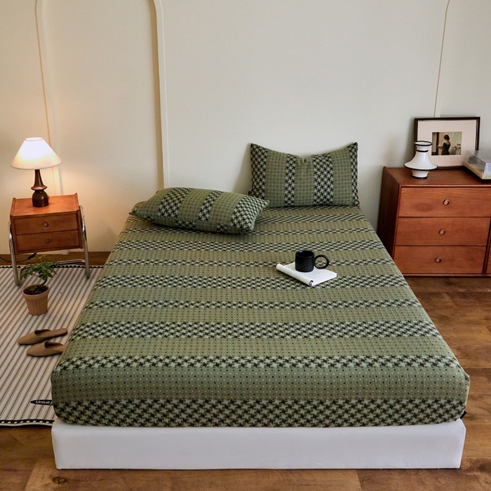 91家纺网 家纺一手货源 找家纺 2025新款A类全棉色织双层纱单床笠 格林-绿