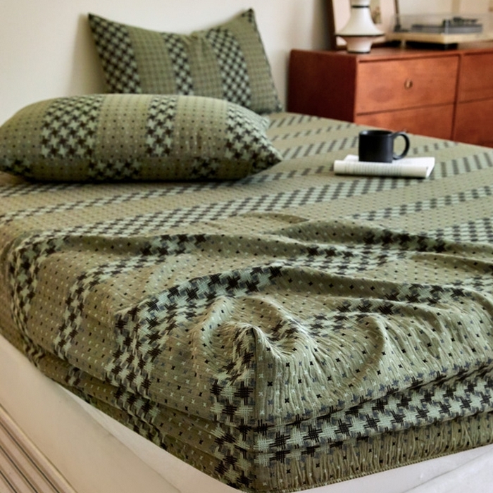 91家纺网 家纺一手货源 找家纺 2025新款A类全棉色织双层纱单床笠 格林-绿