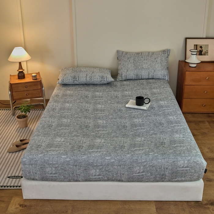 91家纺网 家纺一手货源 找家纺 2025新款A类全棉色织双层纱单床笠 格林-浅灰