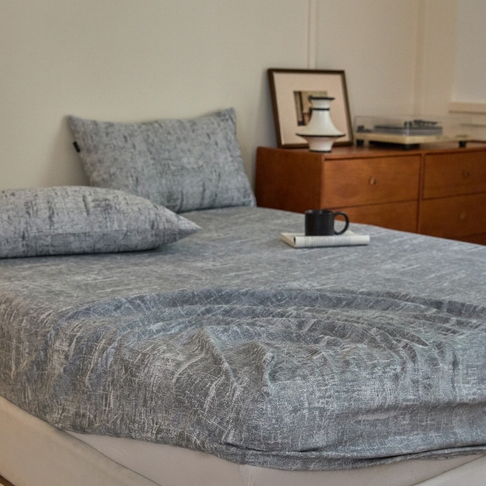 91家纺网 家纺一手货源 找家纺 2025新款A类全棉色织双层纱单床笠 格林-浅灰