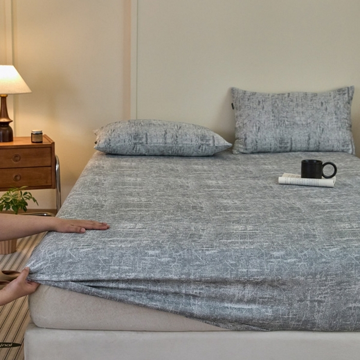 91家纺网 家纺一手货源 找家纺 2025新款A类全棉色织双层纱单床笠 格林-浅灰